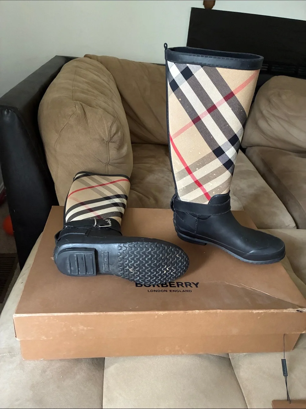 Burberry Black & Beige Check Tall Rain Boots for women
